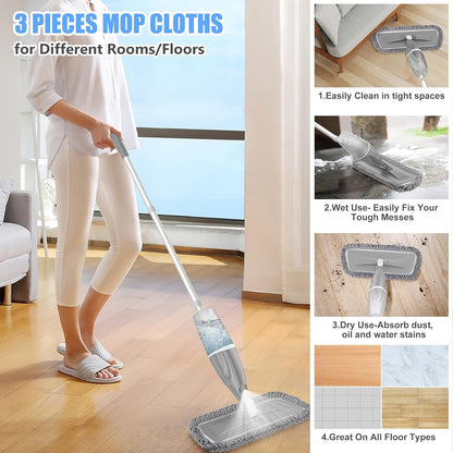 Microfiber Mop Spray Mop for Floor Cleaning - EXEGO Floor Mop Wood Mop Kitchen Mop Dry Wet Mop with 3 Reusable Pads & 640ML Refillable Spray Bottle for Hardwood Floor Ceramic Tiles Floor Cleaning