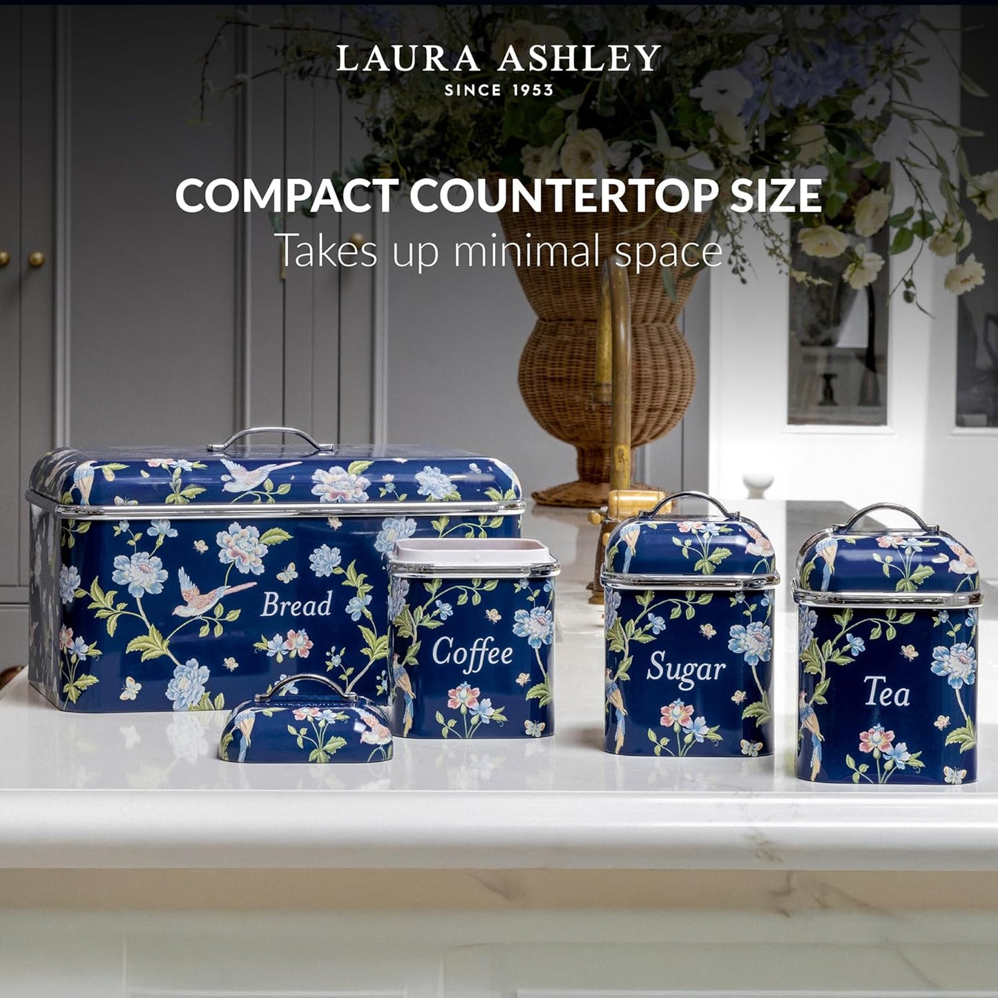 VQ Laura Ashley Tea Coffee and Sugar Canisters Set of 3 Stainless Steel Tea Sugar and Coffee Containers Set