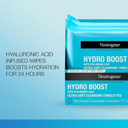 Hydro Boost Facial Cleansing Towelettes + Hyaluronic Acid, Hydrating Makeup Remover Face Wipes Remove Dirt & Waterproof Makeup, Hypoallergenic, 100% Plant-Based Cloth, 2 x 25 ct