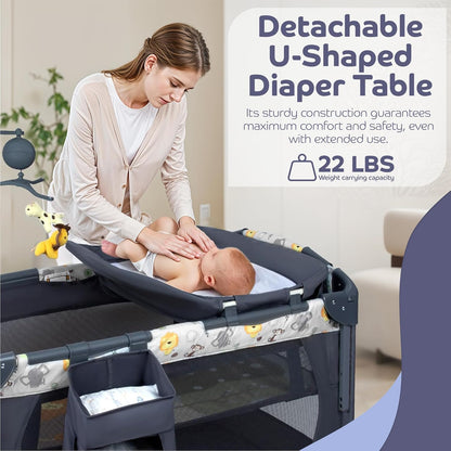 4 in 1 Baby Bassinet with Mattress, Portable Changing Table with Carry Bag & Detachable Side Bar & Music Box, Baby Bedside Sleeper Cot & Activity Area with Hanging Toys & 3 Adjustable Height