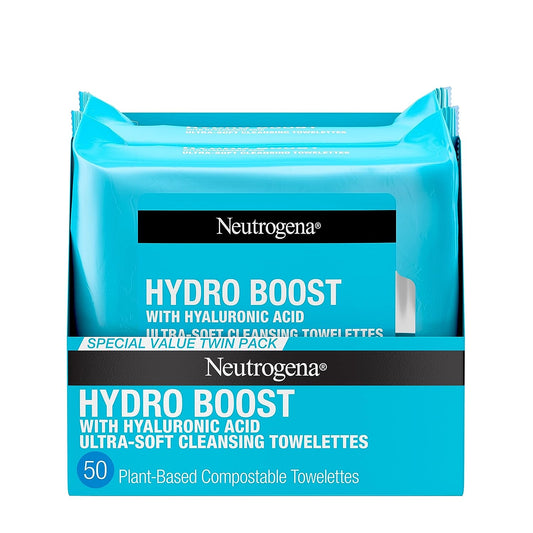 Hydro Boost Facial Cleansing Towelettes + Hyaluronic Acid, Hydrating Makeup Remover Face Wipes Remove Dirt & Waterproof Makeup, Hypoallergenic, 100% Plant-Based Cloth, 2 x 25 ct