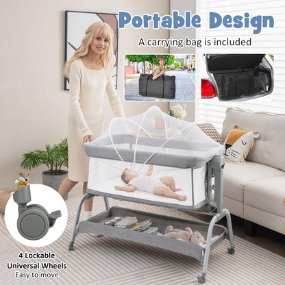 BABY JOY 4 in 1 Baby Bassinet with Mattress, 6 Adjustable Height, Mosquito Net & Lockable Wheels(Light Grey)