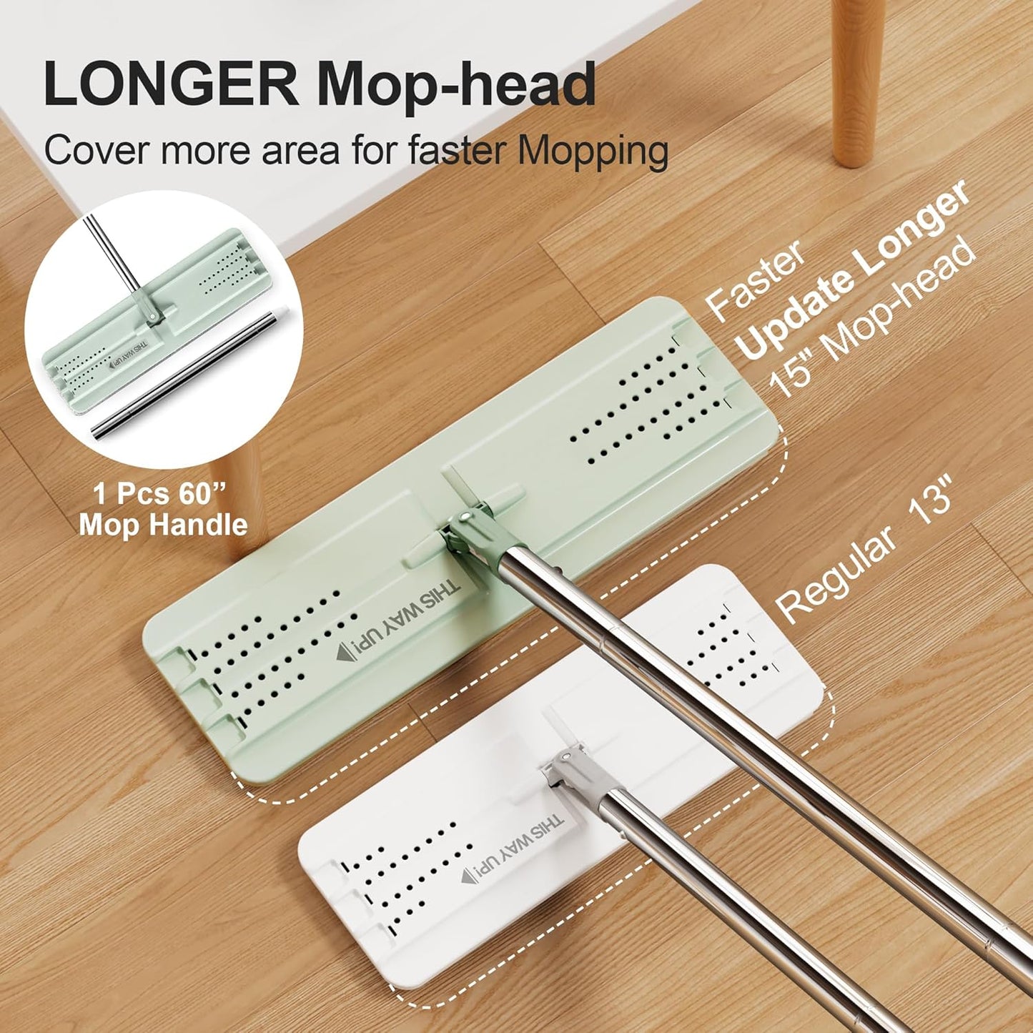 JOYMOOP Mop and Bucket Set with Wringer, Dust Mops for Floor Cleaning, Wall Cleaner with Long Handle, Microfiber Mop - Green Bucket with 3 Reusable 15" Microfiber Pads