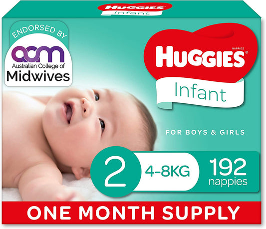 Huggies Infant Nappies Size 2 (4-8kg) 1 Month Supply 192 PIECES