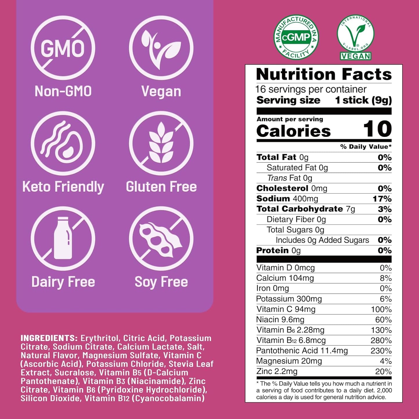 Venture Pal Sugar Free Electrolyte Powder Packets - Liquid Daily IV Hydration Packets | Electrolytes Drink Mix with 5 Vitamins & 7 Electrolytes | Keto Friendly | Non-GMO | Certified Vegan | 16 Sticks