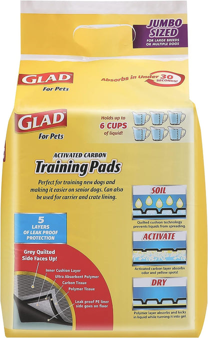 Glad for Pets JUMBO-SIZE Charcoal Puppy Pads | Black Training Pads That ABSORB & Neutralize Urine Instantly | New & Improved Quality Puppy Pee Pads, 30 Count Dog Training Pads