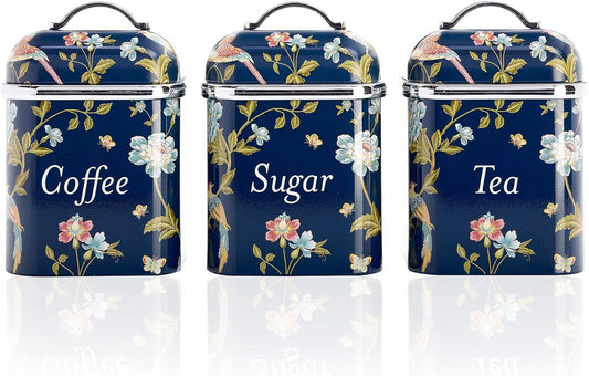 VQ Laura Ashley Tea Coffee and Sugar Canisters Set of 3 Stainless Steel Tea Sugar and Coffee Containers Set