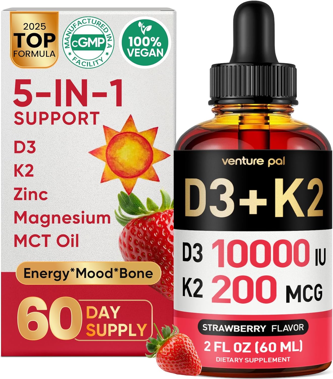 Venture Pal 5-in-1 Vitamin D3 10000 IU & K2 as MK-7 200mcg with Magnesium, MCT Oil, Zinc, Sugar-Free