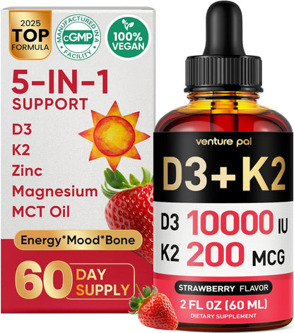 Venture Pal 5-in-1 Vitamin D3 10000 IU & K2 as MK-7 200mcg with Magnesium, MCT Oil, Zinc, Sugar-Free
