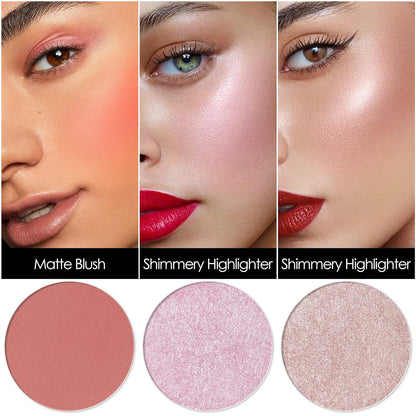 FOCALLURE Blush and Highlighter Palette,3 in 1 Makeup Powder Palette,Cruelty-Free Matte Blush,Shimmer Illuminator Highlighters for a Glowing Look