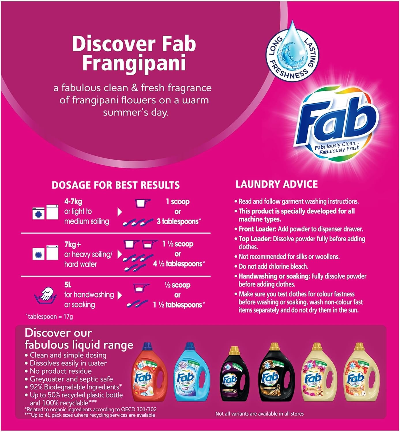Fab Fresh Frangipani Front and Top Loader Laundry Powder Detergent 2 kg