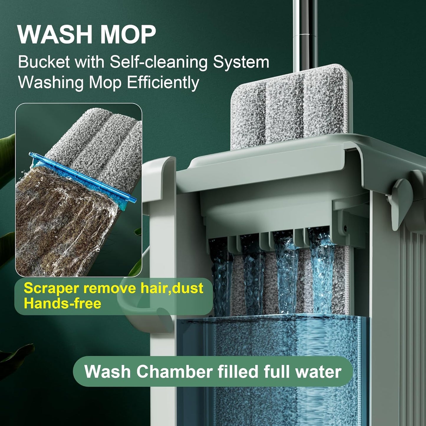 JOYMOOP Mop and Bucket Set with Wringer, Dust Mops for Floor Cleaning, Wall Cleaner with Long Handle, Microfiber Mop - Green Bucket with 3 Reusable 15" Microfiber Pads