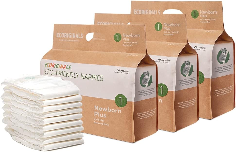 Ecoriginals Eco Disposable Nappies | Newborn Plus Baby Size 1, 3.5-5kg | 3 Pack, 90 count | Plant-Based, Non-Toxic