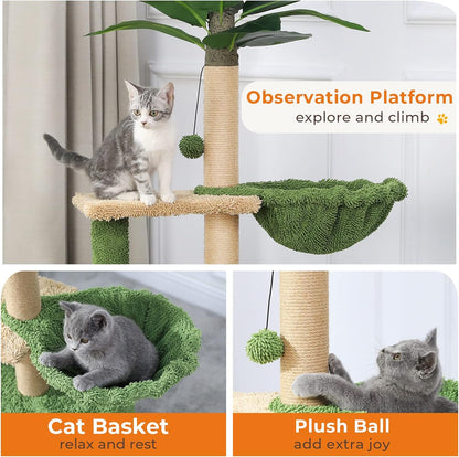 MSmask Cat Tree with Square Condo, Artificial Palm Tree Cat Tower with Sisal Scratching Post, Hammock, Plush Platform, Climbing Nature Cat Tree for Indoor Cats