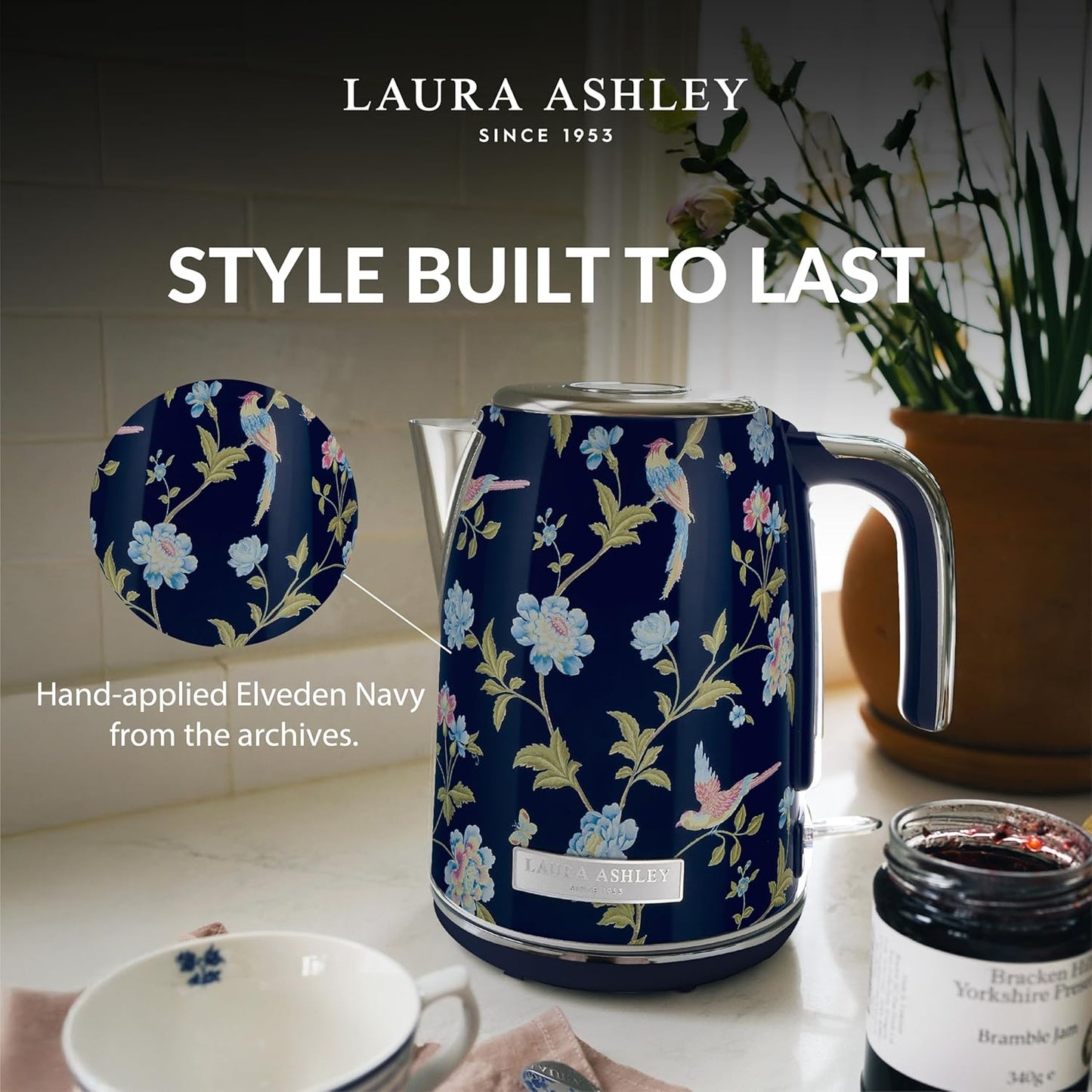 Laura Ashley Elveden Navy 1.7 Litre Stainless Steel Electric Kettle - 3KW Kettles Electric Fast Boil Quiet - Cordless Kettle with 360 Degree Power Base