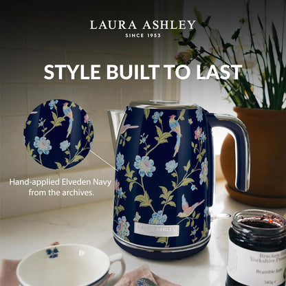 Laura Ashley Elveden Navy 1.7 Litre Stainless Steel Electric Kettle - 3KW Kettles Electric Fast Boil Quiet - Cordless Kettle with 360 Degree Power Base