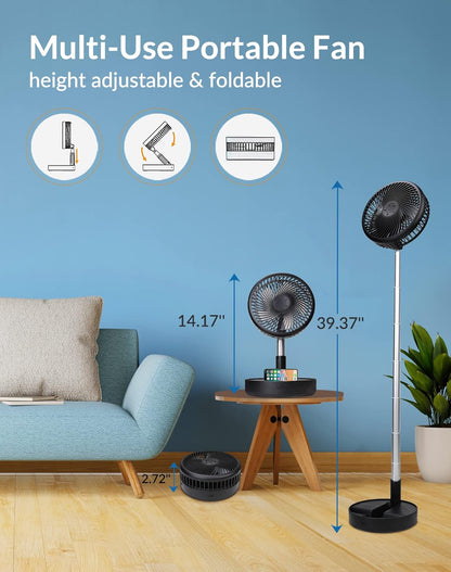 Battery Operated Portable Standing Fan, Primevolve Rechargeable USB Personal Floor Fan with Adjustable Height Black