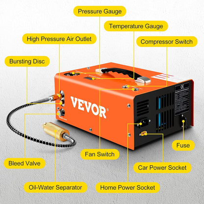 12V DC 110V/220V AC PCP Airgun Compressor Auto-stop, w/Built-in Adapter, Fan Cooling, Suitable for Paintball, Air Rifle, Mini Diving Bottle