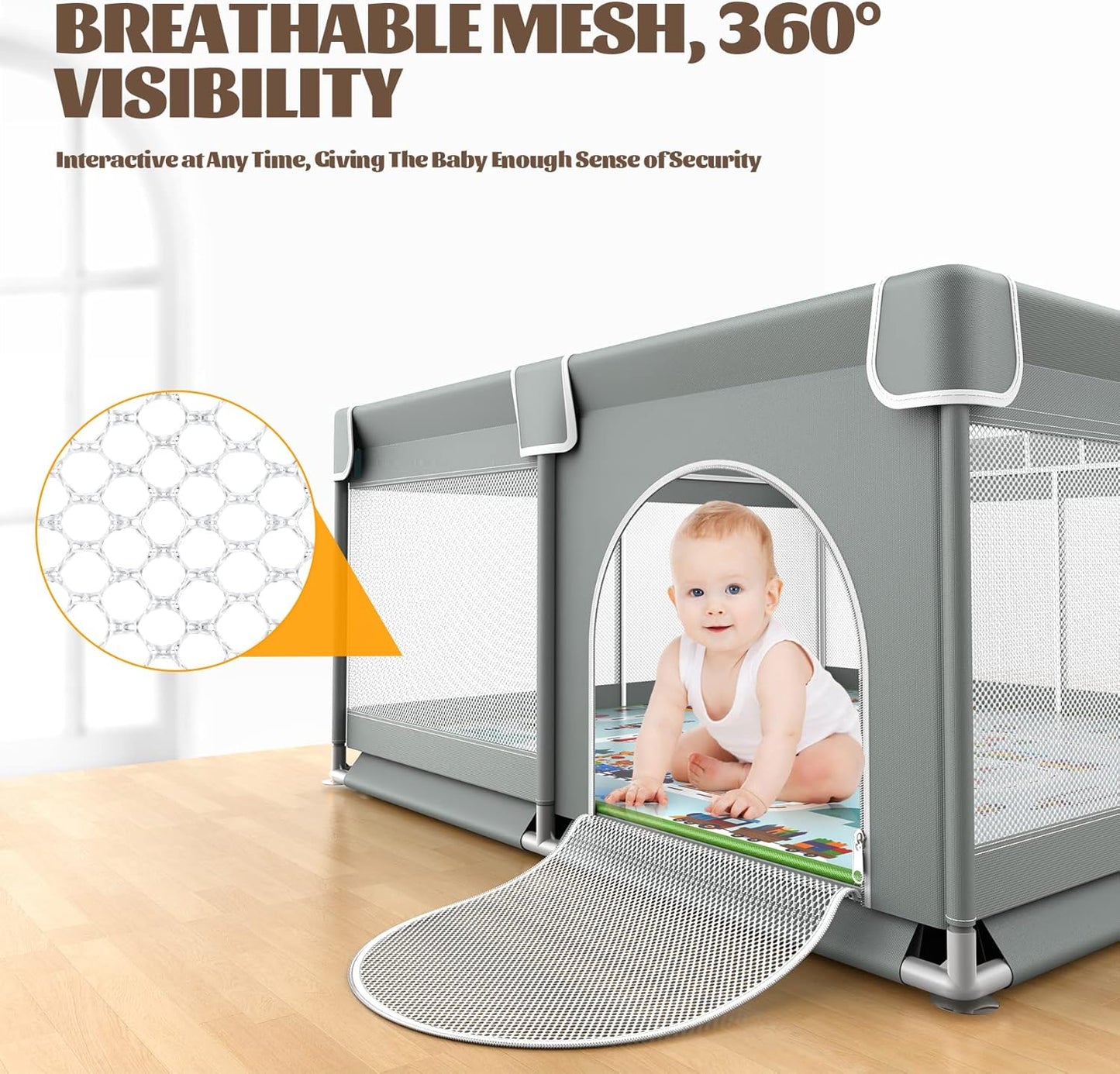 VANCLE Baby Playpen with Mat 127cm x 127cm Playpen for Babies and Toddlers, Gray (127cmx127cm