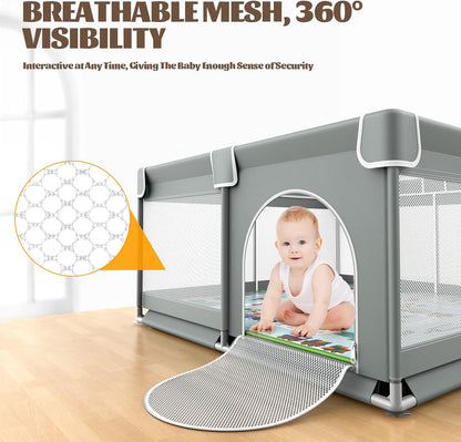 VANCLE Baby Playpen with Mat 127cm x 127cm Playpen for Babies and Toddlers, Gray (127cmx127cm