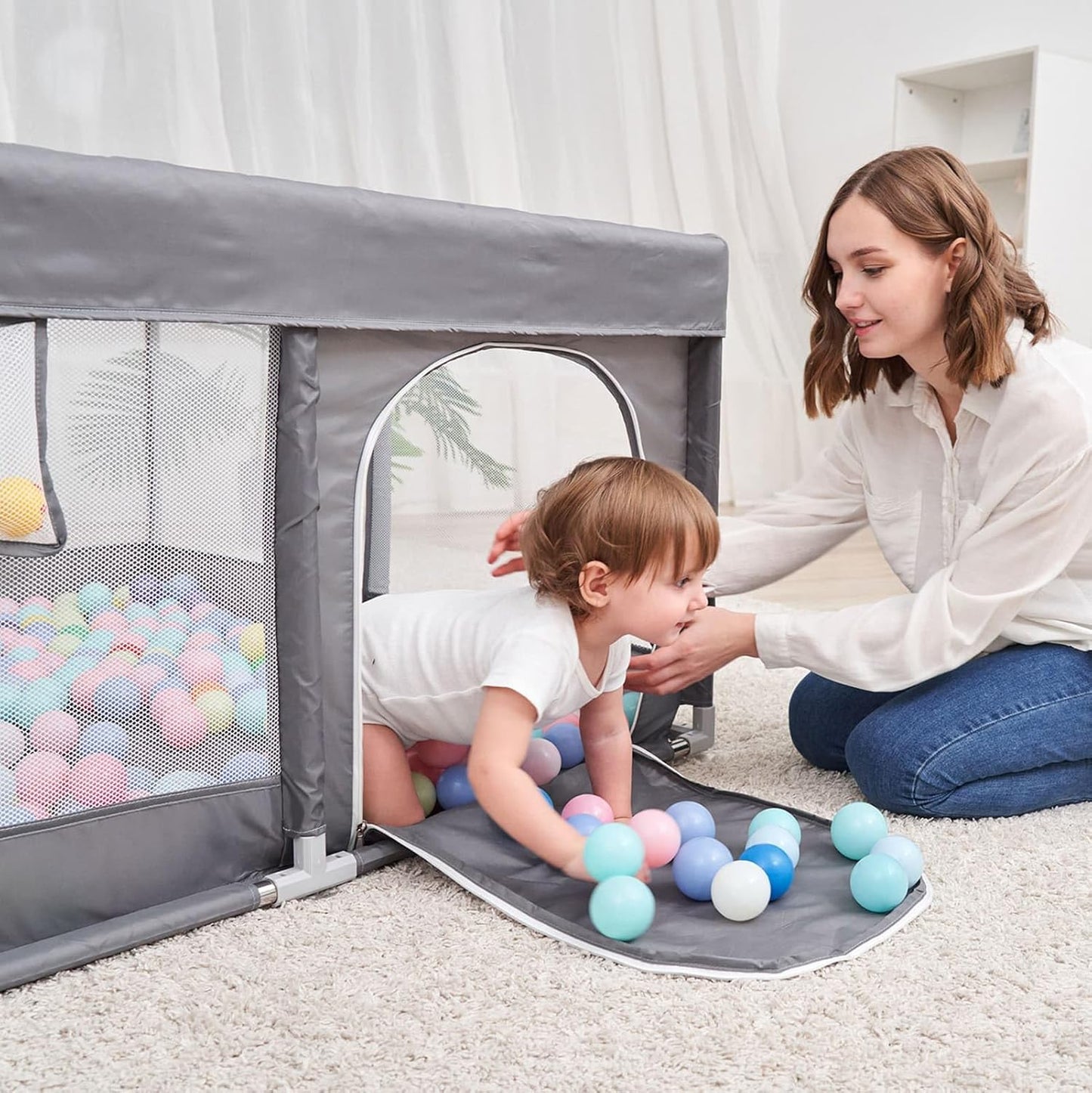 PandaEar Grey Baby Playpen, Large Playpen for Toddlers, Sturdy Baby Play (127×127 cm)