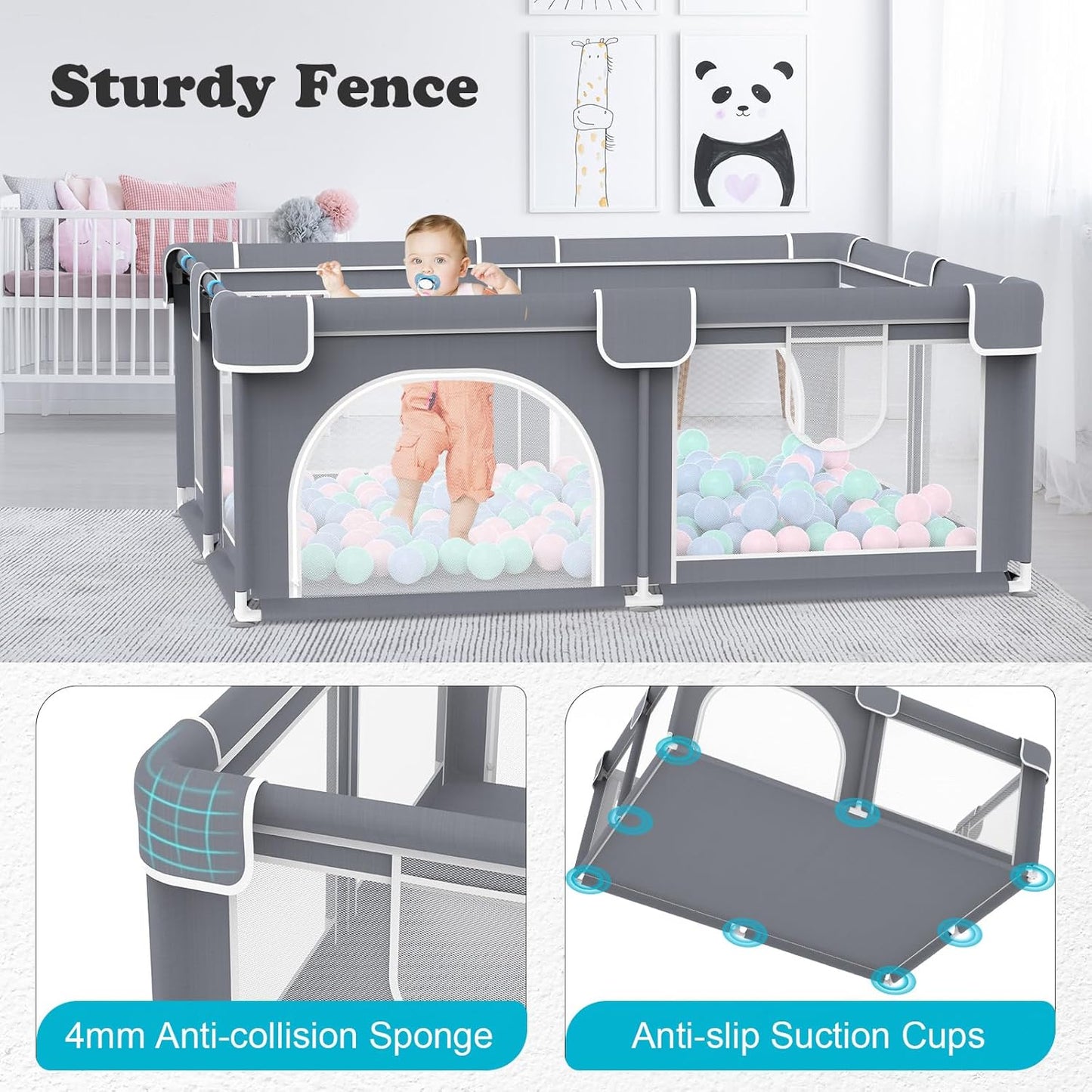 Advwin Baby Playpen 185 × 155cm,Large Playpen for Toddler (Gray)