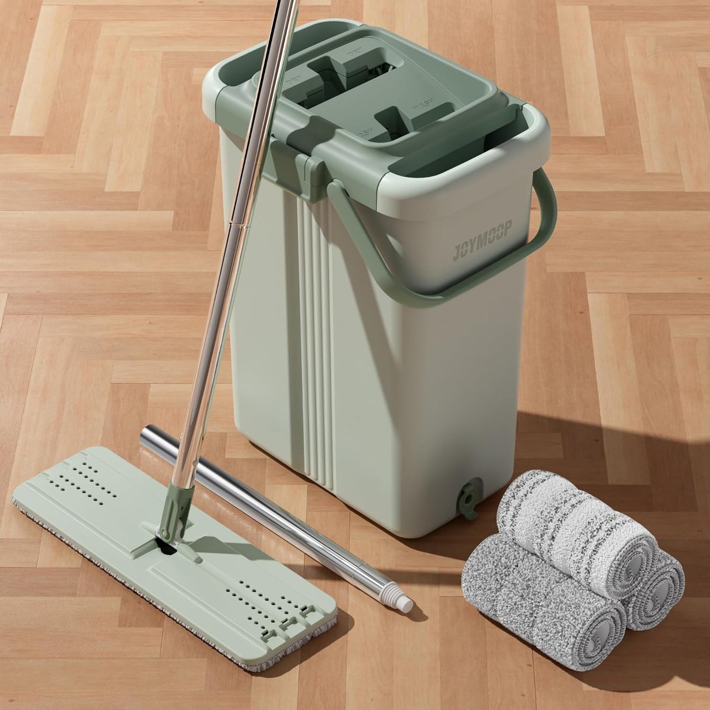 JOYMOOP Mop and Bucket Set with Wringer, Dust Mops for Floor Cleaning, Wall Cleaner with Long Handle, Microfiber Mop - Green Bucket with 3 Reusable 15" Microfiber Pads