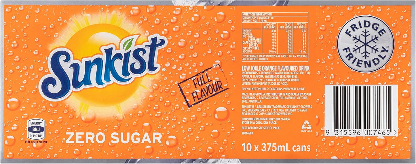 Sunkist Zero Sugar Soft Drink Can 375 ml (Pack of 10)