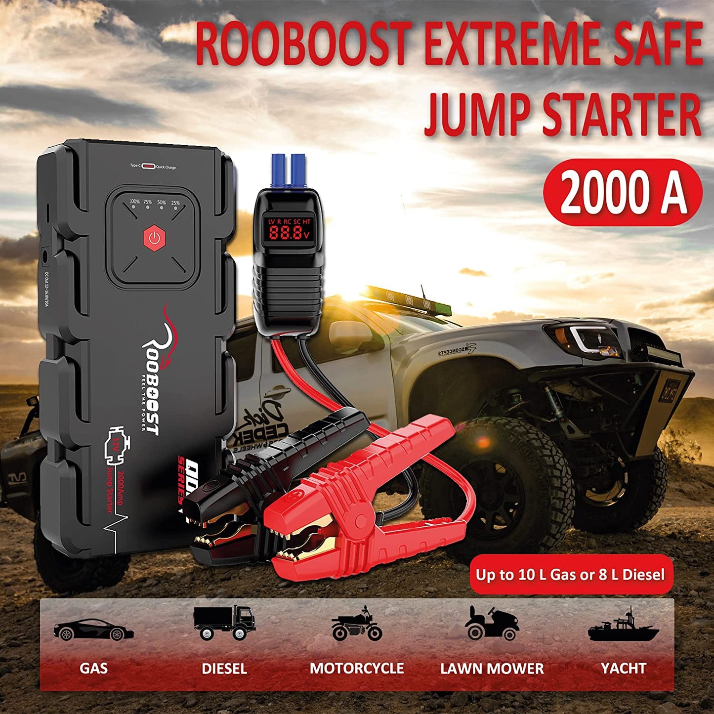 Car Jump Starter 2000A Peak Extreme Safe (Up to 10L Gas or 8L Diesel)