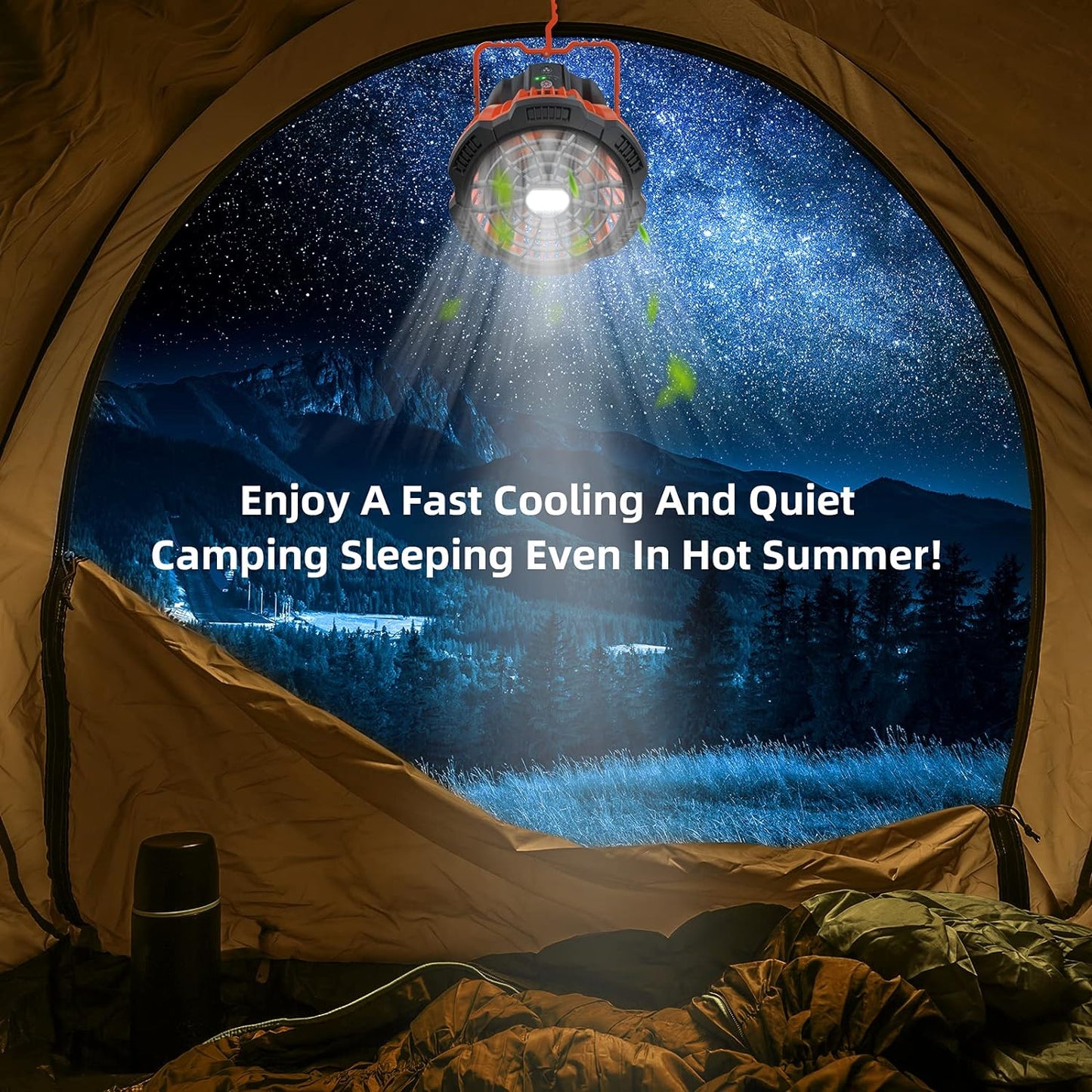 Portable Camping Lantern, Rechargeable USB Ceiling Tent Fan with Remote Control, Quiet and Powerful USB Personal Fan for Outdoor