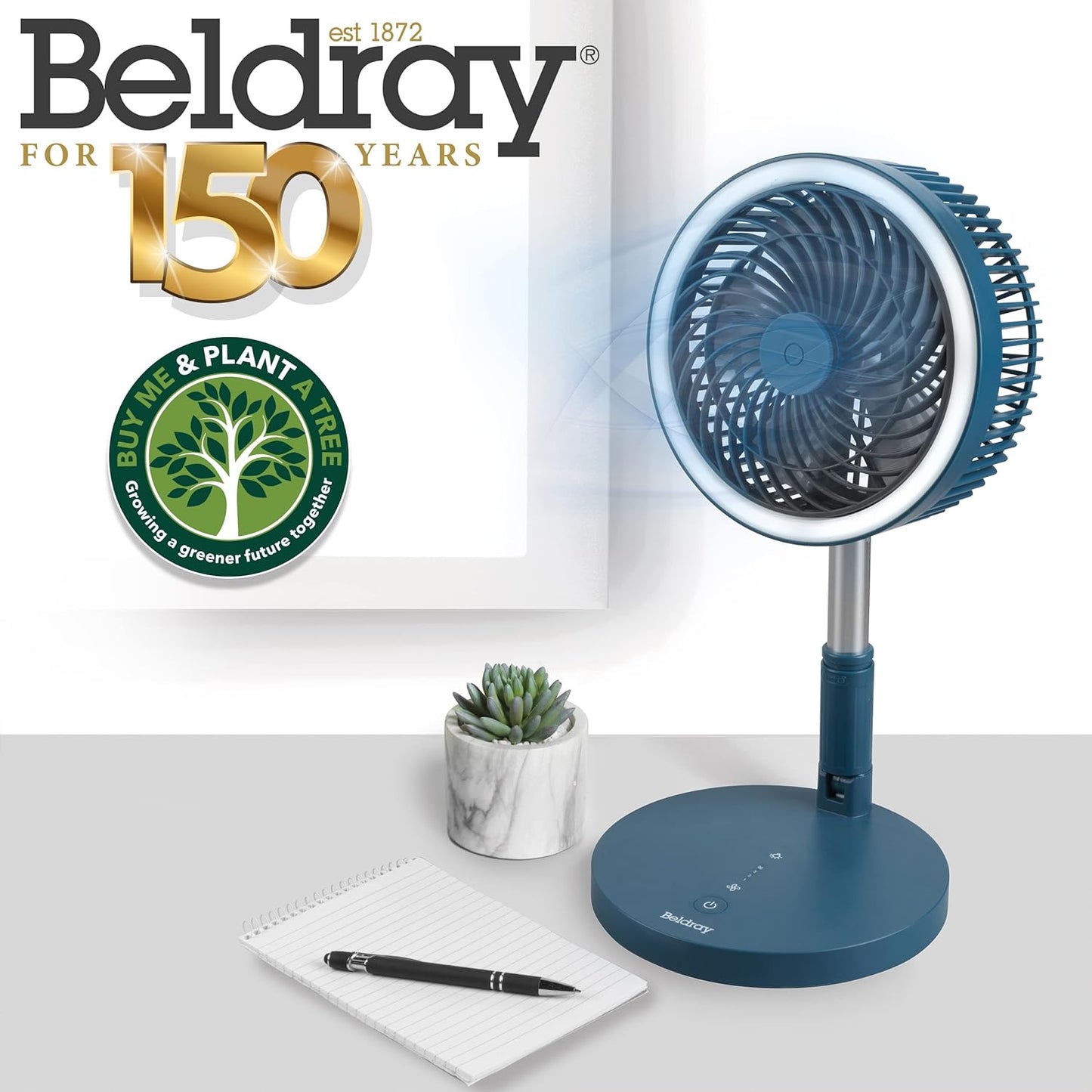 Beldray EH3413B Cooling Fan, Cordless Folding 3 In 1 Cooler, USB Rechargeable Desk/Pedestal/Wall Fan, For Home, Office, Bedroom, Adjustable Standing Room Fan, LED Ring Light, 3 Speed Settings, Blue