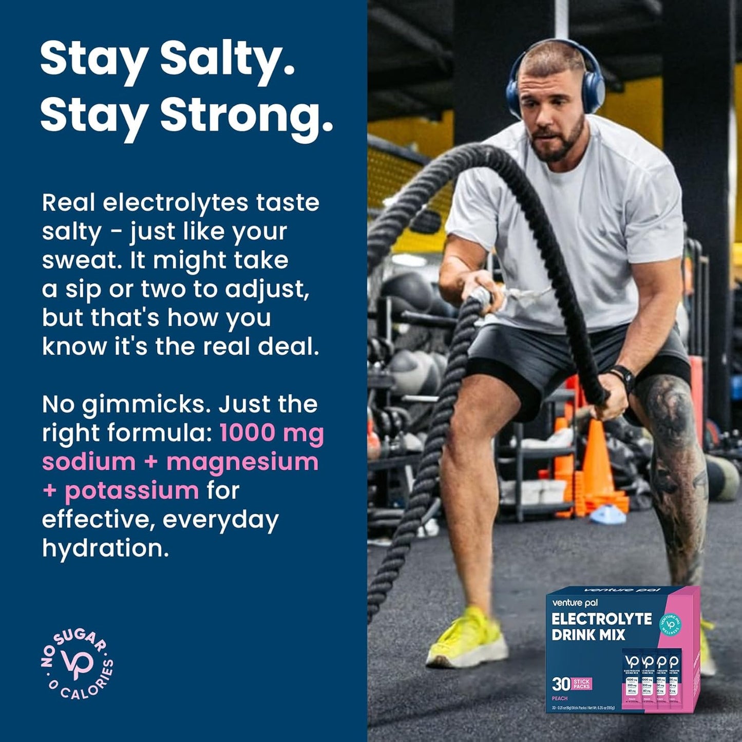 Venture Pal High Sodium Sugar-Free Electrolyte Powder Packets - Hydration Packets with Sodium, Potassium & Magnesium | Zero Calories | Vegan, Keto, and Paleo Friendly | 30 Sticks