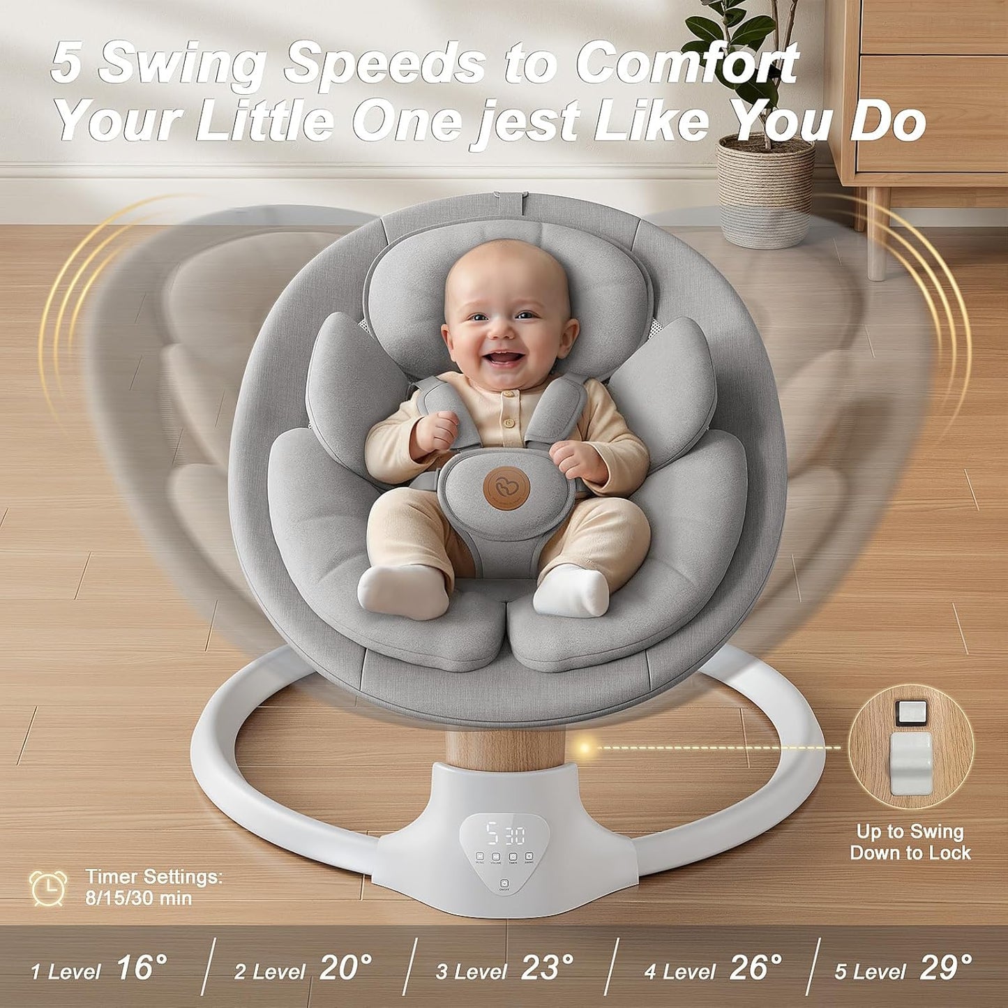 Baby Swings for Infants, FasonBaby Electric Baby Swing with 10 Preset Melodies, 5 Speeds, Remote Control and Bluetooth (Grey)