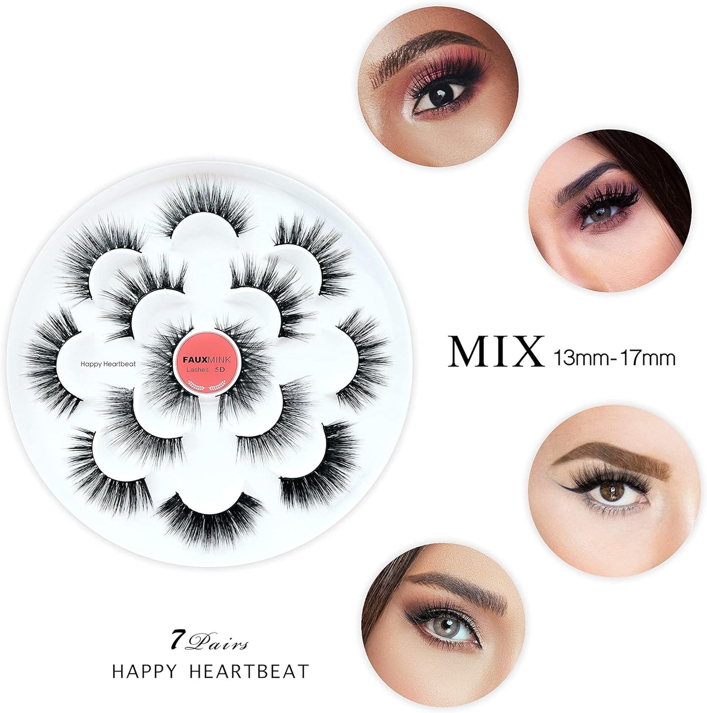 Happy Heartbeat 5D Faux Mink Lashes - Handmade Luxurious Thick Volume Fluffy Natural Dramatic False Eyelashes 7 Pairs (MIX)