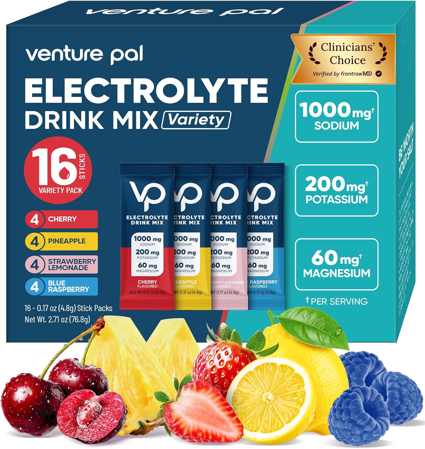 Venture Pal High Sodium Sugar Free Electrolytes Powder Packet, Zero Calories , Electrolyte Drink Mix