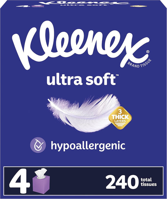 Kleenex Ultra Soft Facial Tissues, 4 Cube Boxes, 60 Tissues per Box, 3-Ply (240 Total Tissues