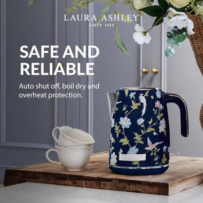 Laura Ashley Elveden Navy 1.7 Litre Stainless Steel Electric Kettle - 3KW Kettles Electric Fast Boil Quiet - Cordless Kettle with 360 Degree Power Base