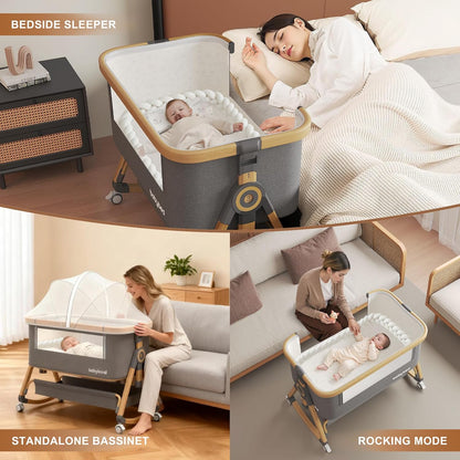 Baby Bassinet, 4 in 1 Bedside Sleeper with Mosquito Net 4D Air Fiber Mattress and Soft Braided Crib Bumper
