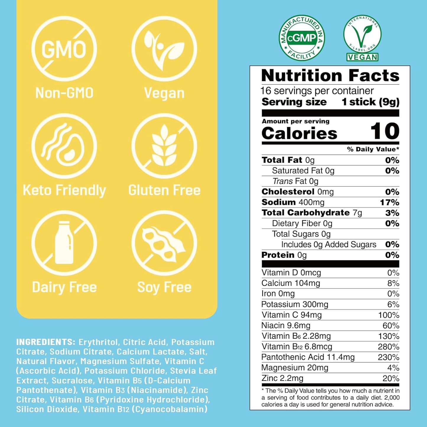 Venture Pal Sugar Free Electrolyte Powder Packets - Liquid Daily IV Drink Mix for Rapid Hydration & Party Recovery | 5 Vitamins & 7 Electrolytes| Keto Friendly | Non-GMO | Certified Vegan | 16 Sticks