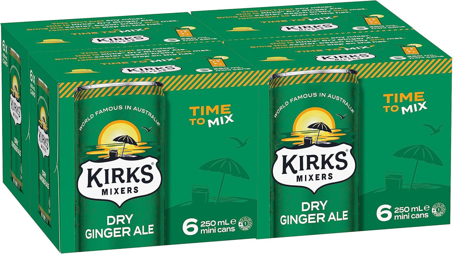 Kirks Mixers Dry Drinking Ginger Ale Soft Drink Mini Cans Multipack 24 x 250 mL