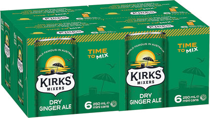 Kirks Mixers Dry Drinking Ginger Ale Soft Drink Mini Cans Multipack 24 x 250 mL