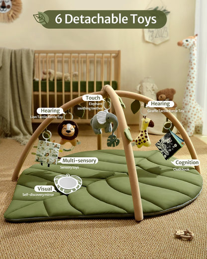 Baby Glide Baby Play Gym & Activity Mat, Oversize Leaf Shaped Baby Play Mat w 6 Detachable Toy