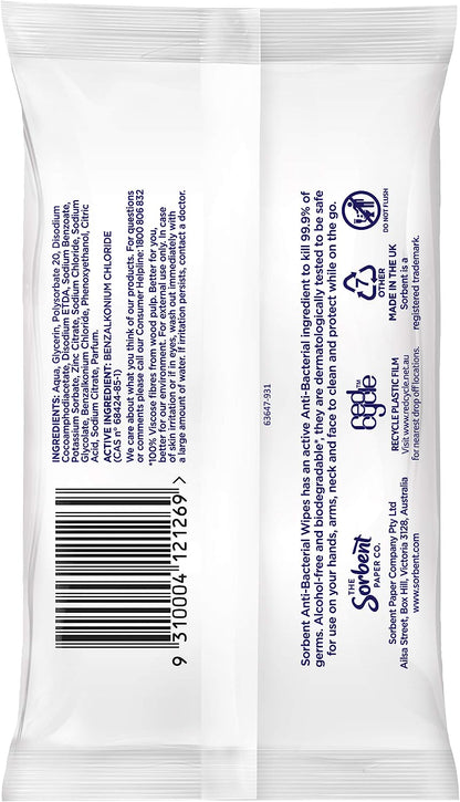 Sorbent Antibacterial Wipes 120 Wipes (10 x 12s Pack)