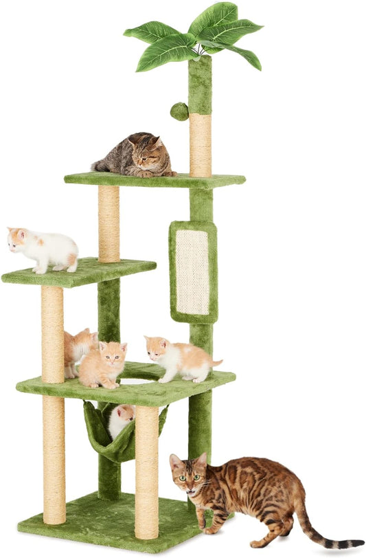 TSCOMON 55" Cat Tree for Indoor Cats with Green Leaves, Multi-Level Large Cat Tower with Hammock, Plush Cat House with Hang Ball Toy and Cat Sisal Scratching Posts Furniture, Green
