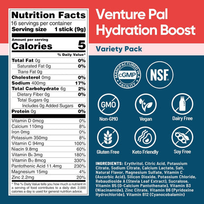 Venture Pal Sugar Free Electrolyte Powder Packets - Liquid Daily IV Hydration Packets for Rapid Rehydration | 7 Electrolytes & 5 Vitamins | Keto Friendly | Non-GMO | Vegan | Fast Dissolve | 16 Sticks
