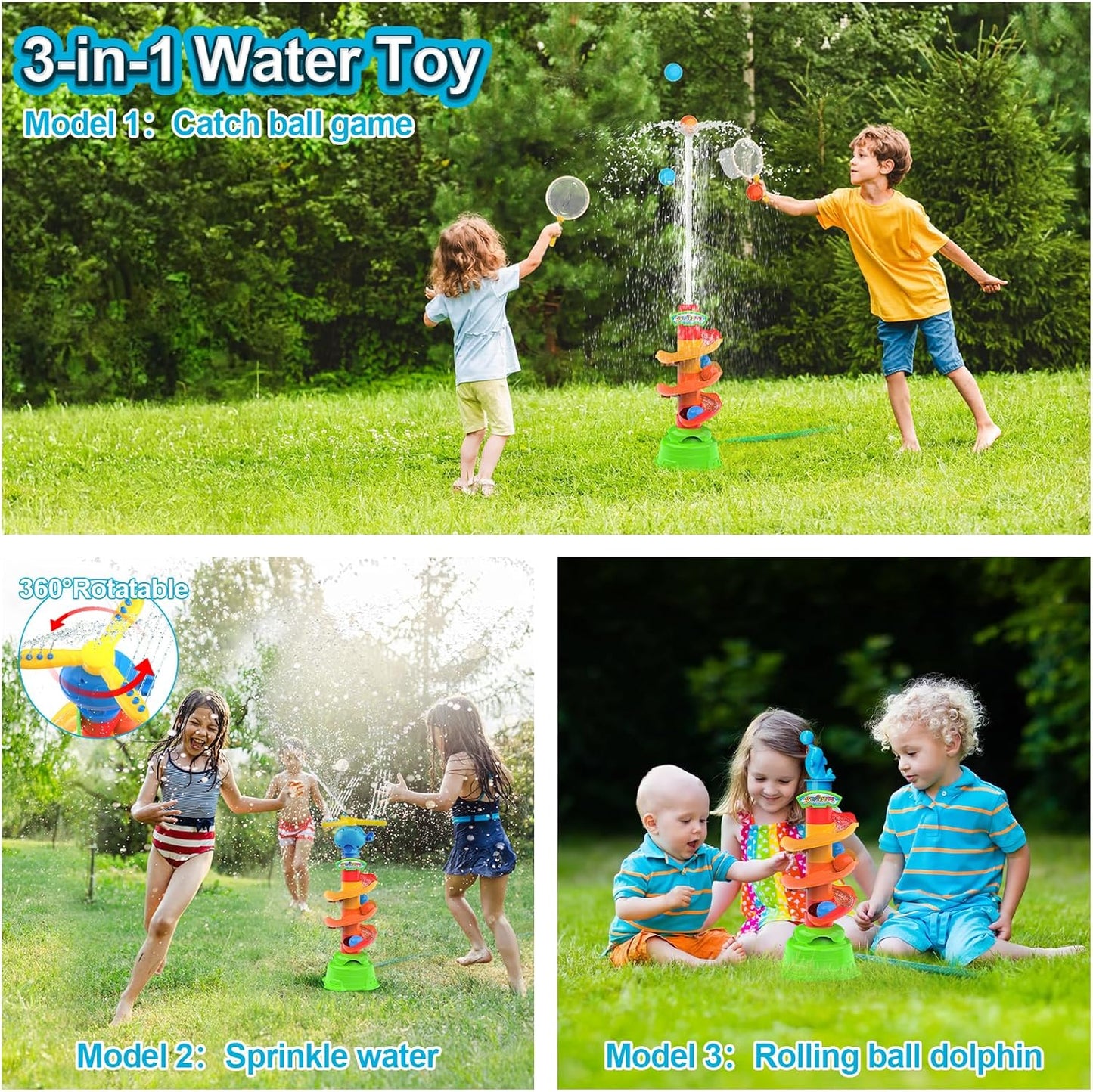 3-in-1 Outdoor Sprinkler for Kids Toys, Catch Ball Game, Water Spray Sprinkler with Rotating Nozzle, Summer Water Toy Gift, Pets Party Play,for Boys & Girls Age 3 5 6 9 10 12 Gift