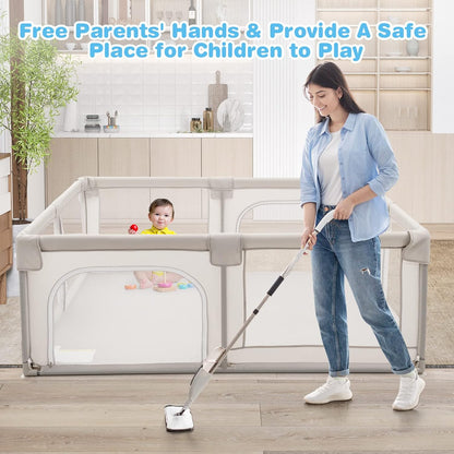 BABY JOY Baby Playpen, 190 x 150 cm Baby Safety Play Yard Activity Center, Extra Large (Beige)