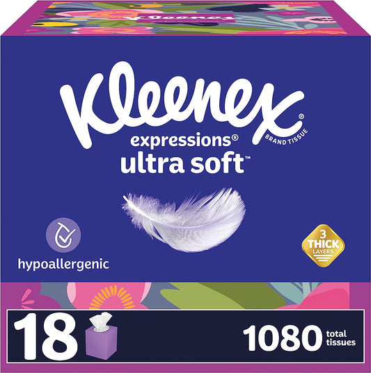KLEENEX Expressions Ultra Soft Facial Tissues, Soft Facial Tissue, 18 Cube Boxes, 60 Tissues per Box, 3-Ply,1080 TISSUES