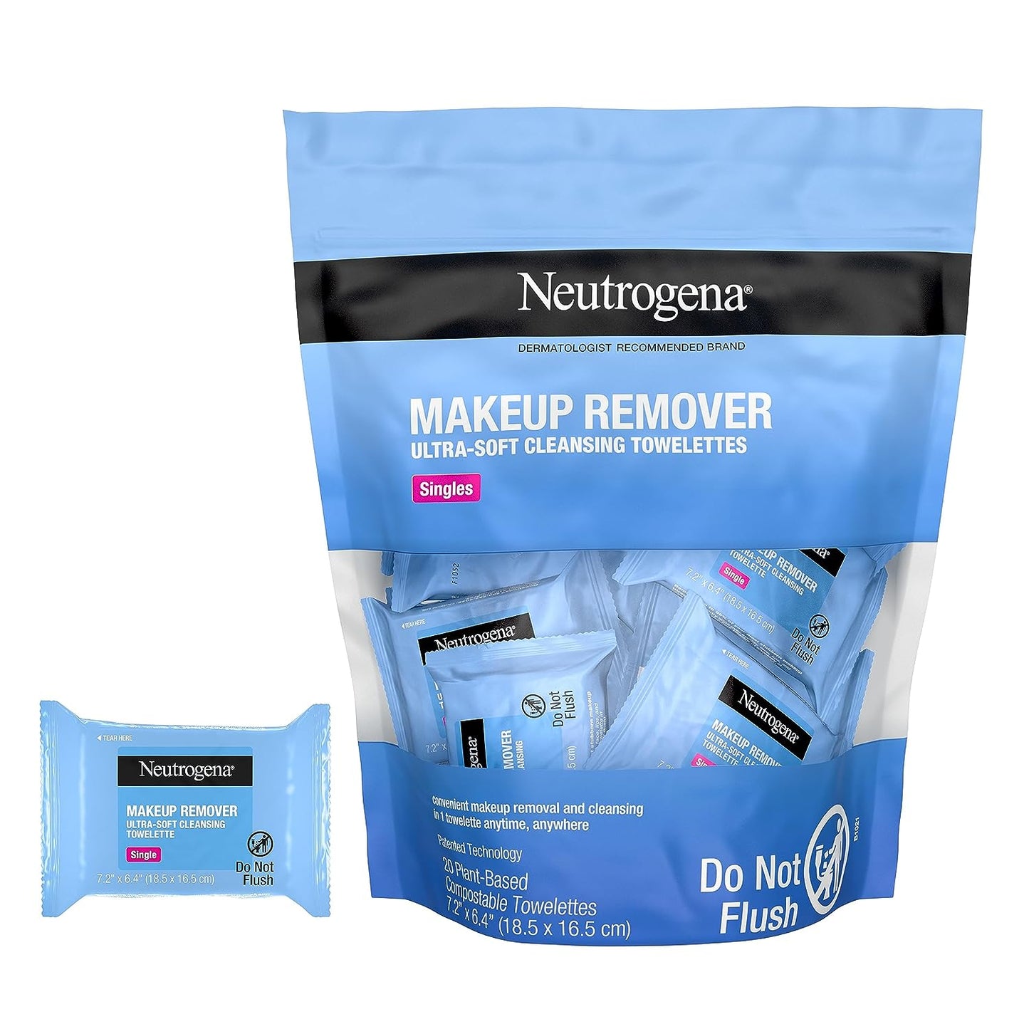 Makeup Remover Wipes Singles, Daily Facial Cleanser Towelettes, Gently Removes Oil & Makeup, Alcohol-Free Makeup Wipes, Individually Wrapped, 20 ct