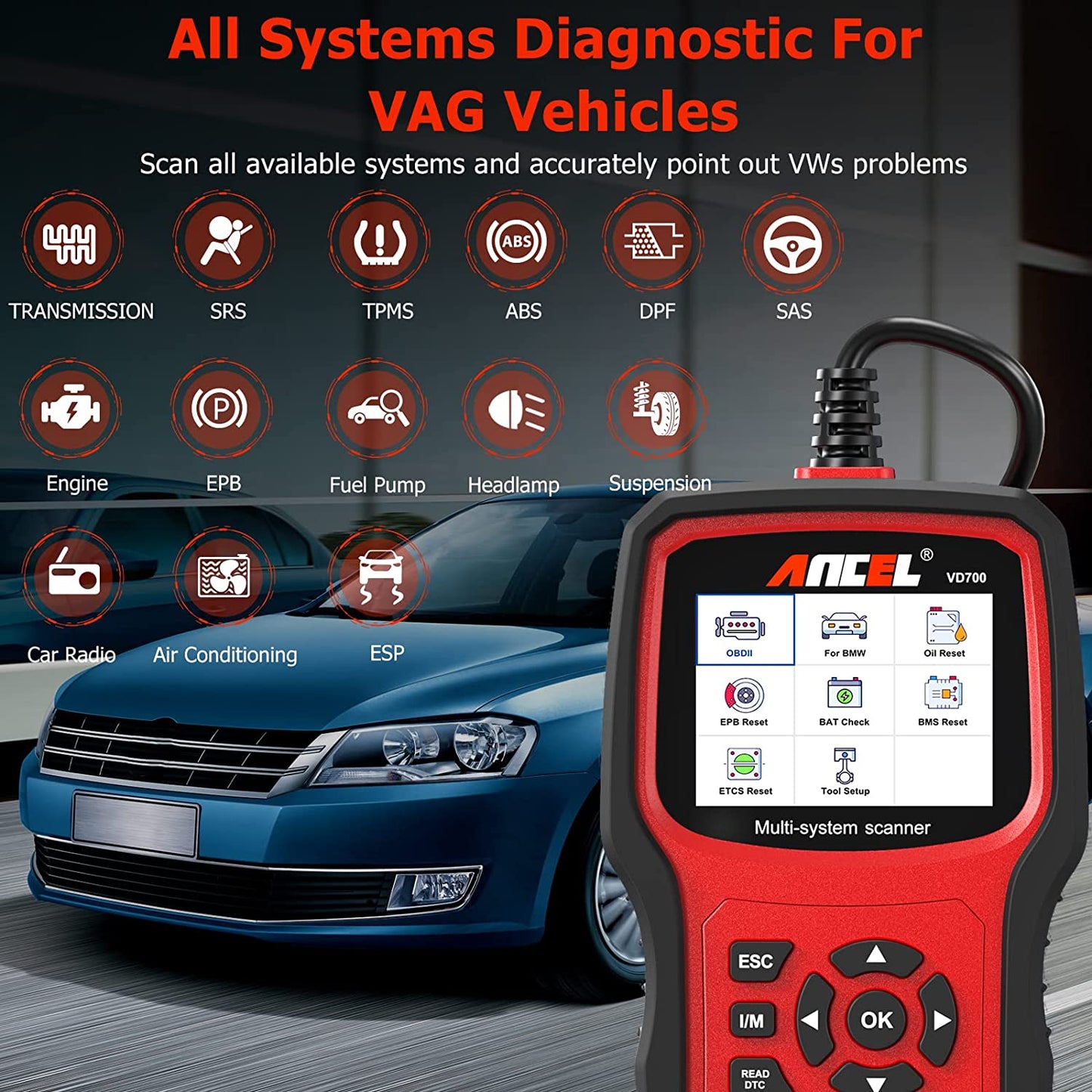 ANCEL VD700 All System OBD2 Scanner with 8 Special Functions for VAG Vehicles Diagnosis